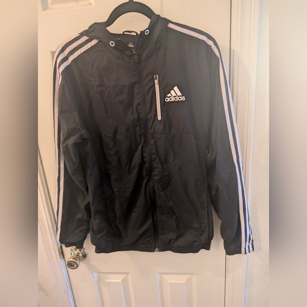 Adidas Men's Black/White Navy Pocket Hooded Windbreaker Jacket